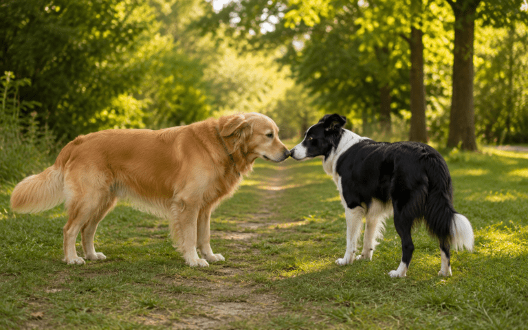 A golden retriever and a black and white border collie touch noses while standing on a sunlit, grassy path surrounded by trees.