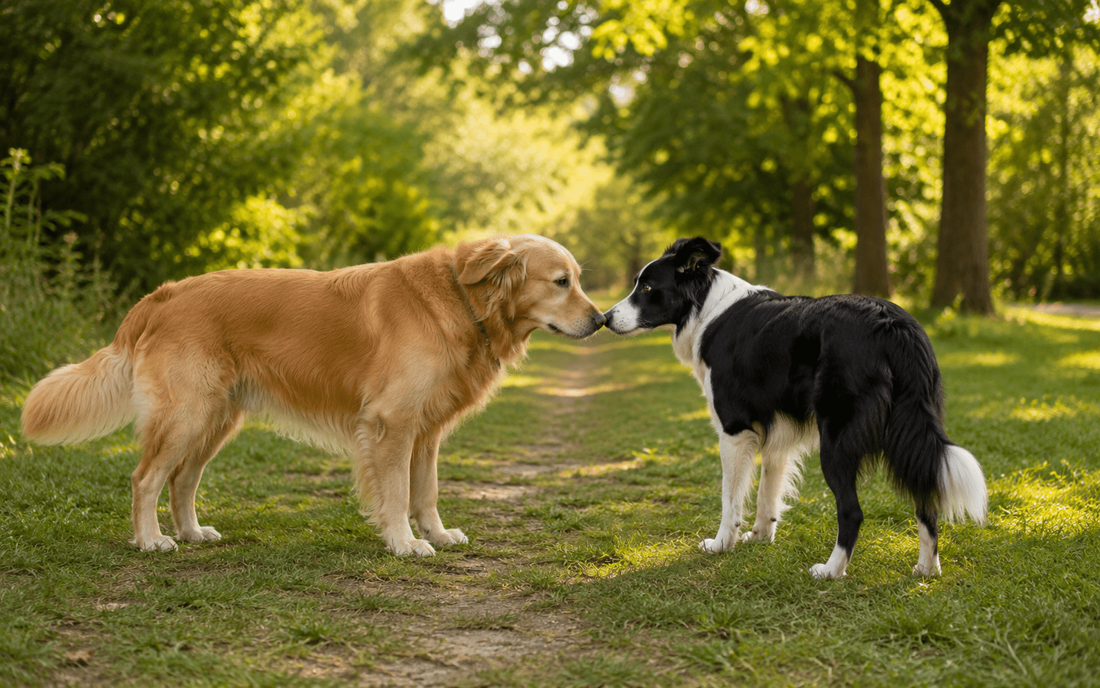 A golden retriever and a black and white border collie touch noses while standing on a sunlit, grassy path surrounded by trees.