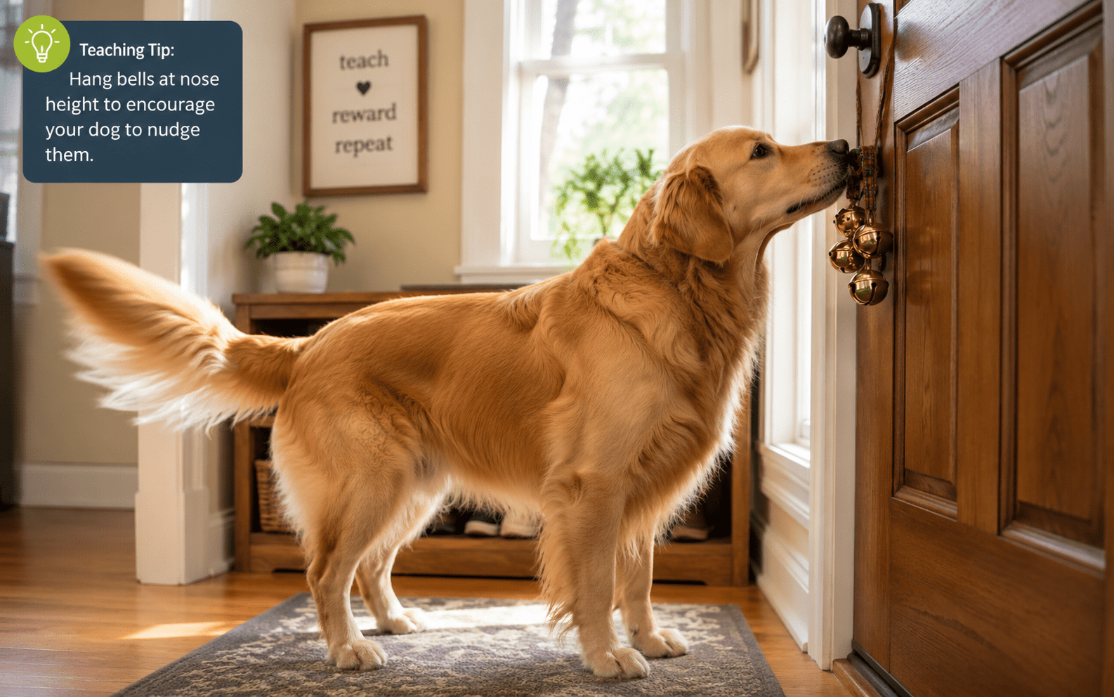 A golden retriever nudges bells hanging on a door with its nose. A tip reads: “Hang bells at nose height to encourage your dog to nudge them.” The room is bright and cozy, with plants and a sign saying "teach ♥ reward repeat.