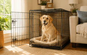 A happy yellow lab sits in an open dog crate next to a couch.