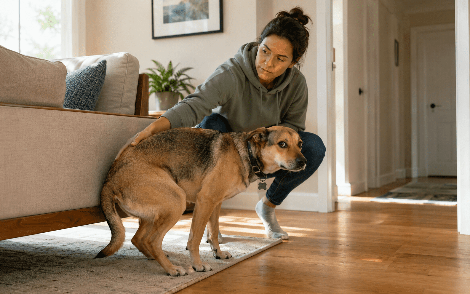 A woman kneels next to a scared dog by a couch in a living room, gently comforting it. The dog looks anxious, with its tail tucked, while the woman offers reassurance. Sunlight filters through the window.