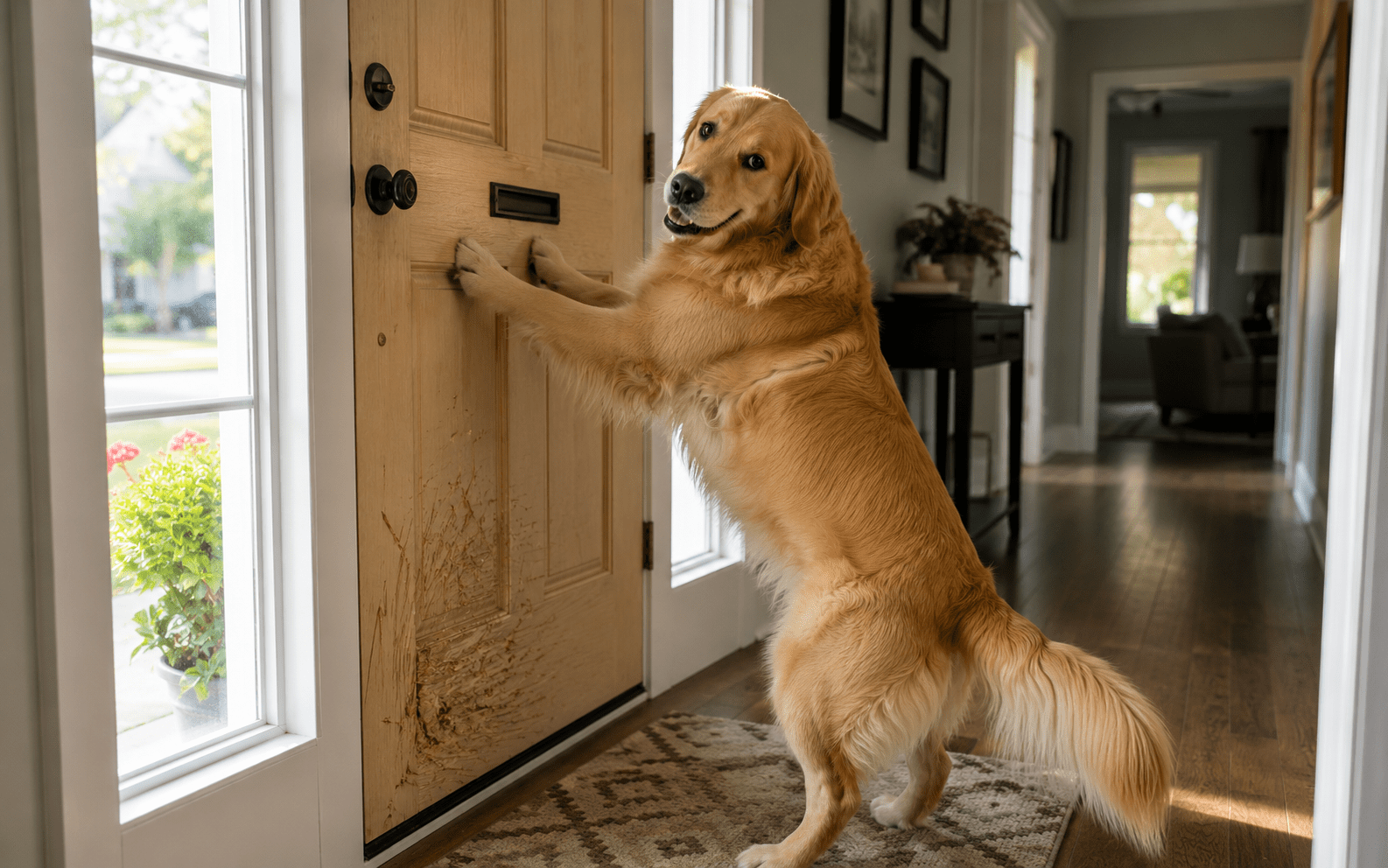A golden retriever stands on its hind legs scratching a wooden front door, looking back over its shoulder inside a bright, tidy hallway with sunlight streaming through nearby windows.