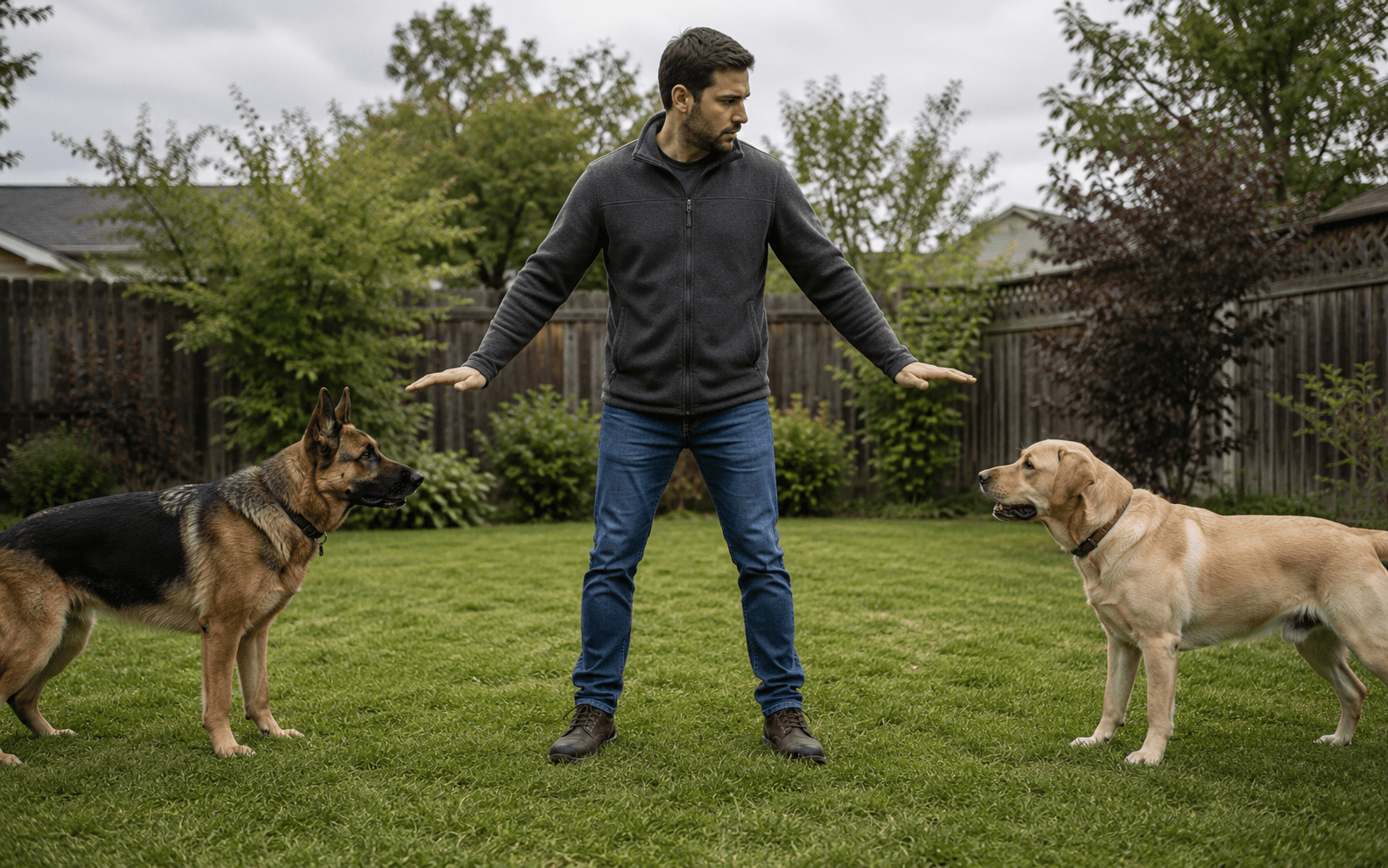 Owner calmly stepping between two tense dogs to stop a fight from escalating in a backyard setting. A man stands in a backyard with his arms outstretched, separating a German Shepherd on his left and a Yellow Labrador on his right, both facing each other on the grass.