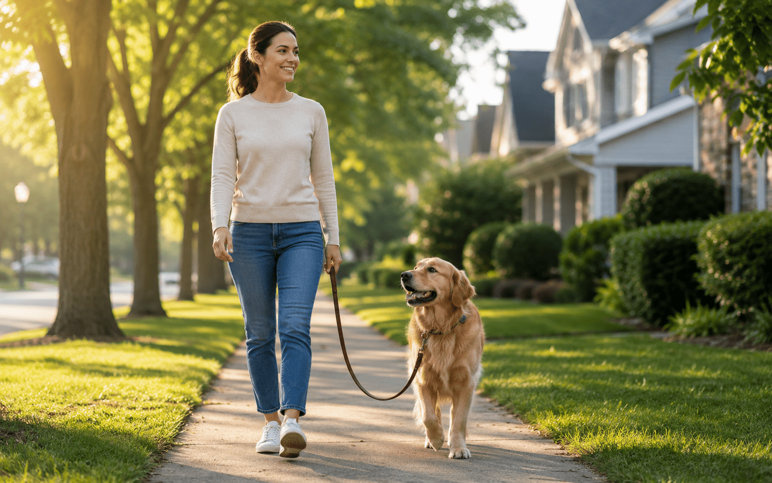 A woman walks a golden retriever on a leash along a sunny, tree-lined suburban sidewalk. Both appear happy and relaxed, with houses and greenery in the background.