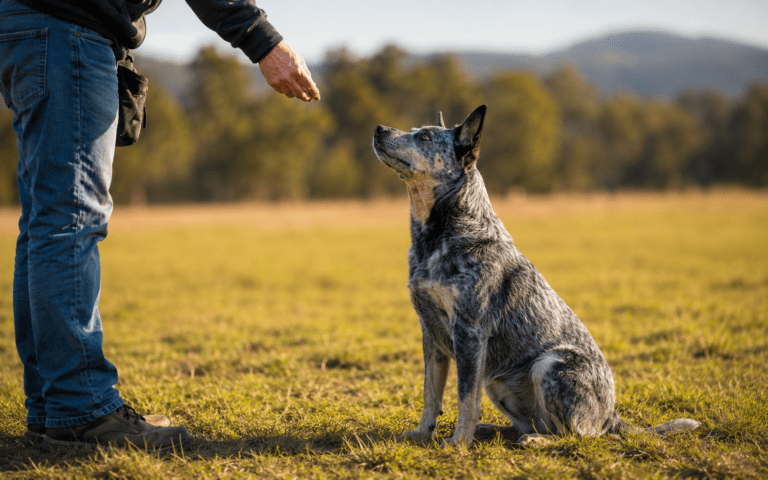 A person holds a treat above a sitting blue heeler dog in a grassy field, with trees and mountains blurred in the background.