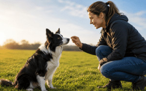 Woman kneels on grass, smiling as she holds a treat for her attentive black and white dog sitting nearby.
