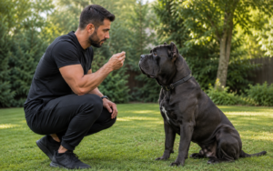A man in black clothes kneels on grass, training a large black dog that sits and watches him closely.