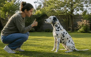 Woman crouches and gives a thumbs up to her Dalmatian dog sitting on green grass in a sunny backyard.