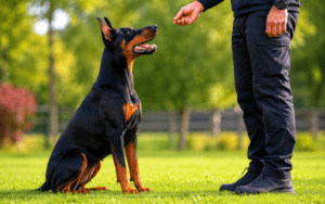 A Doberman sits on green grass, watching a person hold a treat during outdoor dog training.