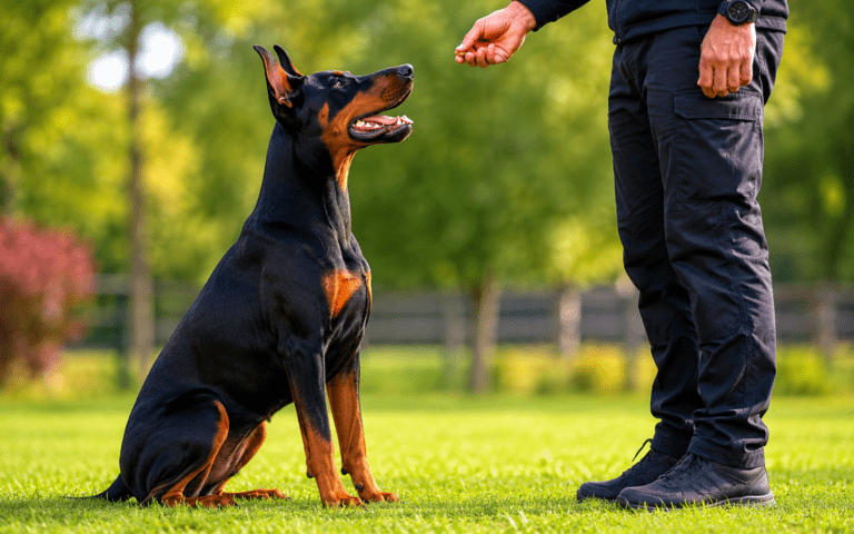 A Doberman sits on green grass, watching a person hold a treat during outdoor dog training.