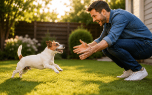 Owner kneeling in a backyard rewarding a Jack Russell Terrier with a treat during a training session