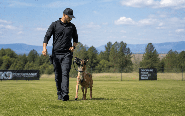 How to train belgian malinois dog. A man in black trains a focused dog on a grassy field with training signs and trees in the background.
