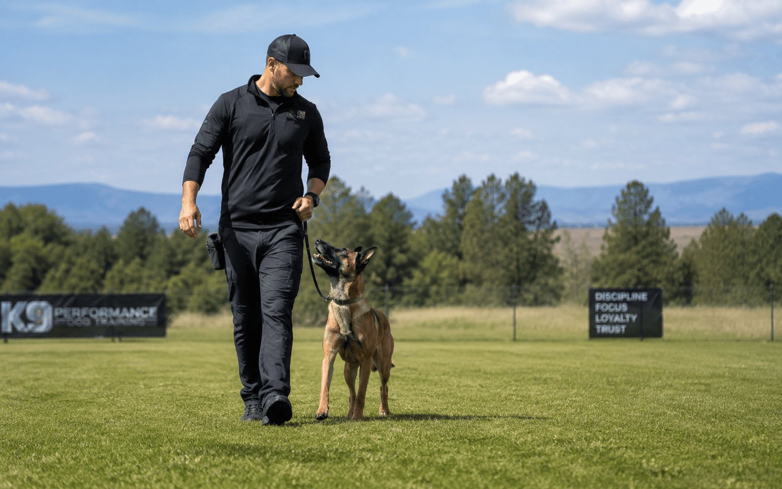 How to train belgian malinois dog. A man in black trains a focused dog on a grassy field with training signs and trees in the background.