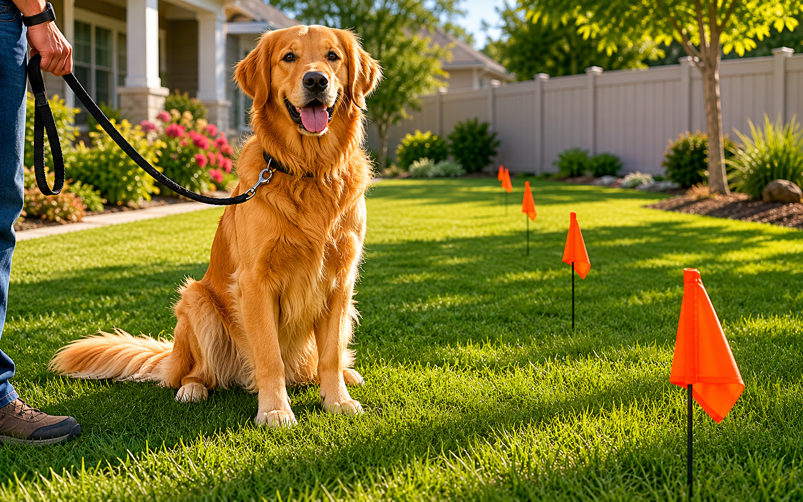 A golden retriever on a leash sits on a green lawn next to a row of small orange flags, with houses and a white fence in the background.