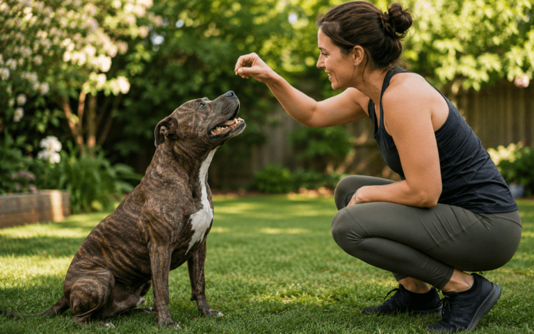 A woman kneels on grass holding a treat above her brindle dog in a lush backyard garden.