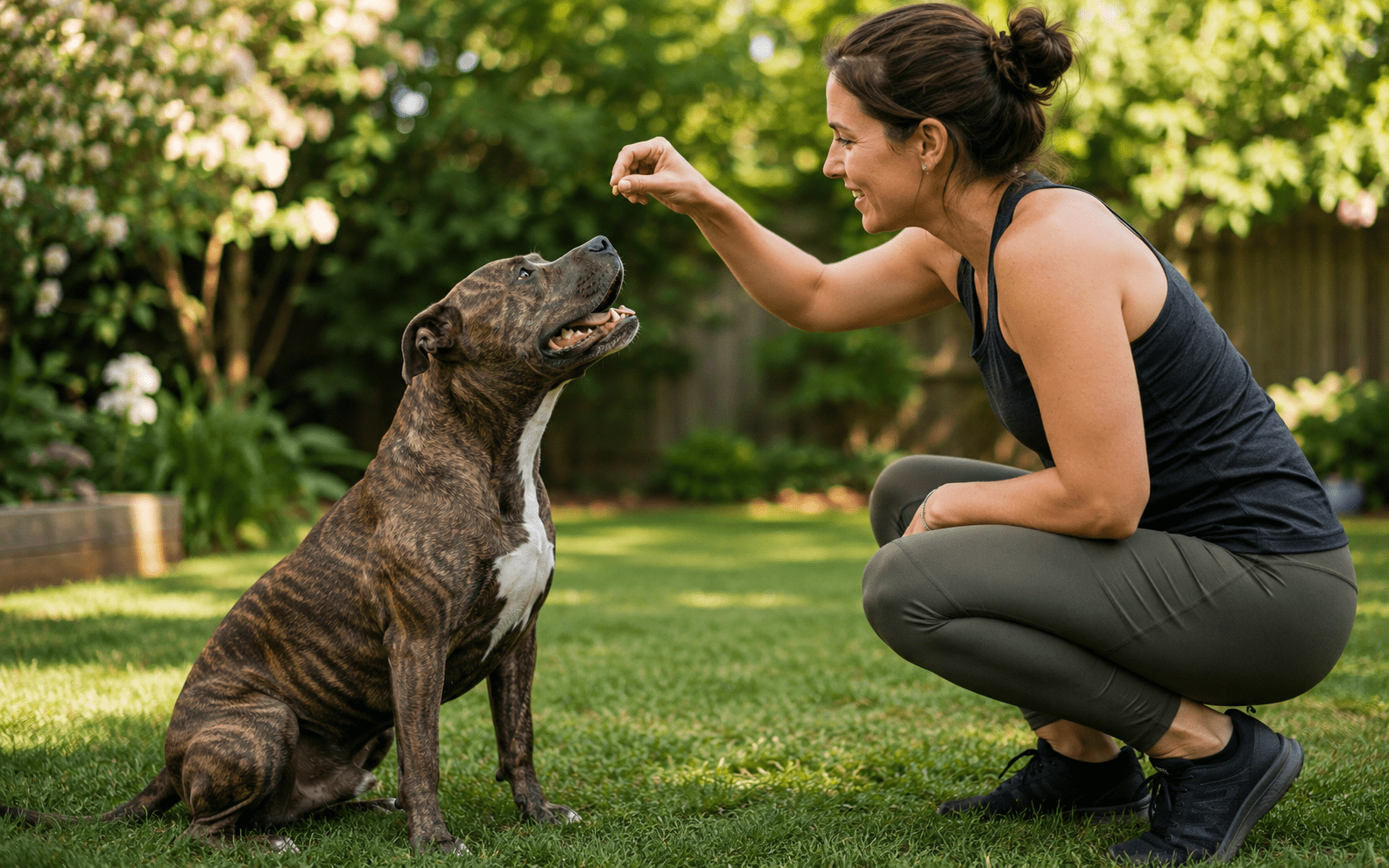 A woman kneels on grass holding a treat above her brindle dog in a lush backyard garden.