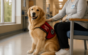 A golden retriever wearing a red "Therapy Dog" vest sits beside a seated person in a hospital hallway, creating a comforting presence in a bright, clean environment.