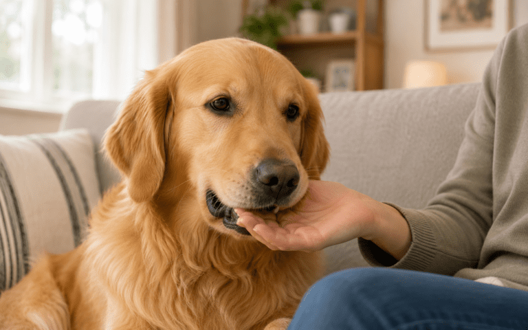 A golden retriever sits on a sofa while a person gently holds its mouth with one hand. The scene appears calm and cozy, with soft lighting and comfortable home decor in the background.