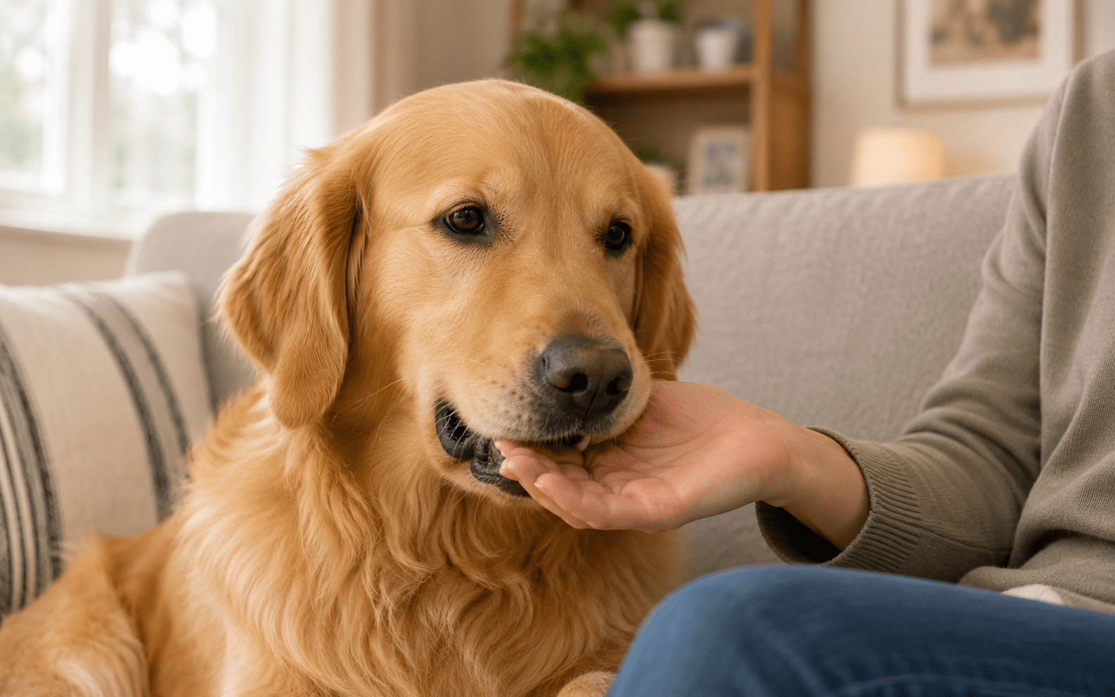 A golden retriever sits on a sofa while a person gently holds its mouth with one hand. The scene appears calm and cozy, with soft lighting and comfortable home decor in the background.