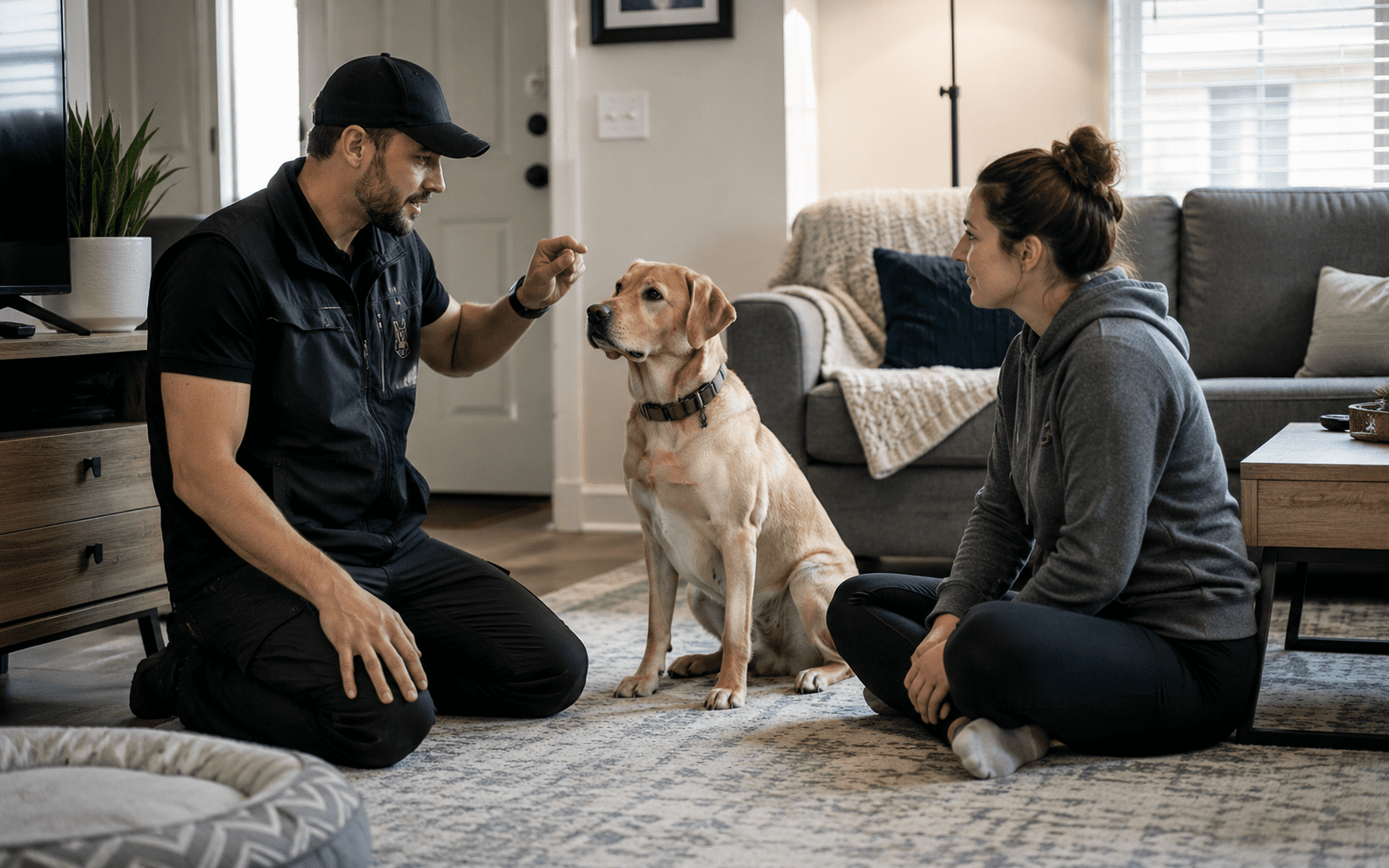 What Is Balanced Dog Training and How Does It Actually Work 5 A man and woman train a Labrador dog in a living room.