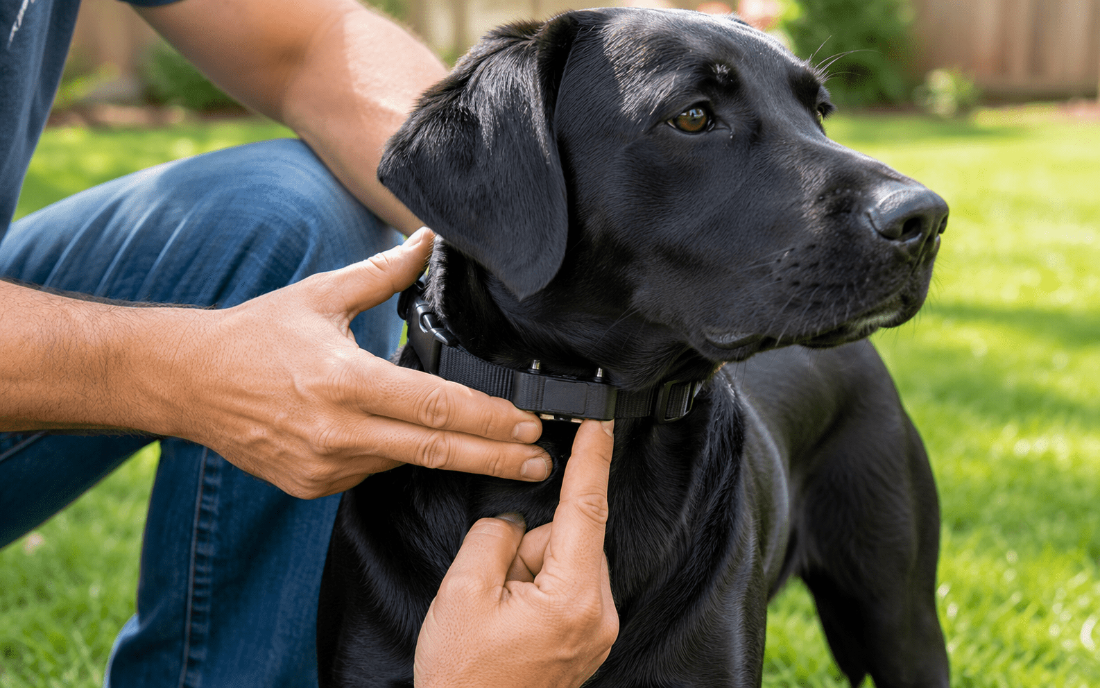 How to Train a Dog on Invisible Fence: Steps That Actually Work 1 A person adjusts a black collar on a black Labrador retriever outside on a grassy lawn. The dog looks alert and is facing sideways.