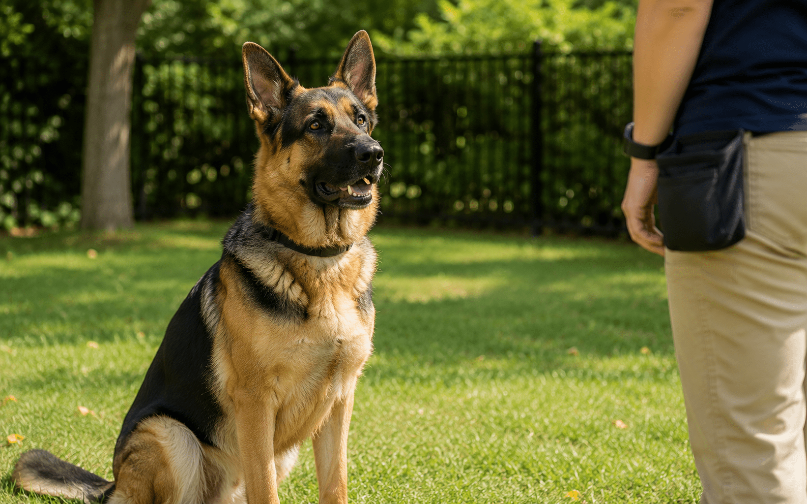 What Is Dog Boarding and How Does It Actually Work? 4 A German Shepherd sits attentively on grass, looking up at a person standing nearby. The person’s torso and legs are visible, wearing beige pants and a dark top. There is a black fence and green trees in the background.
