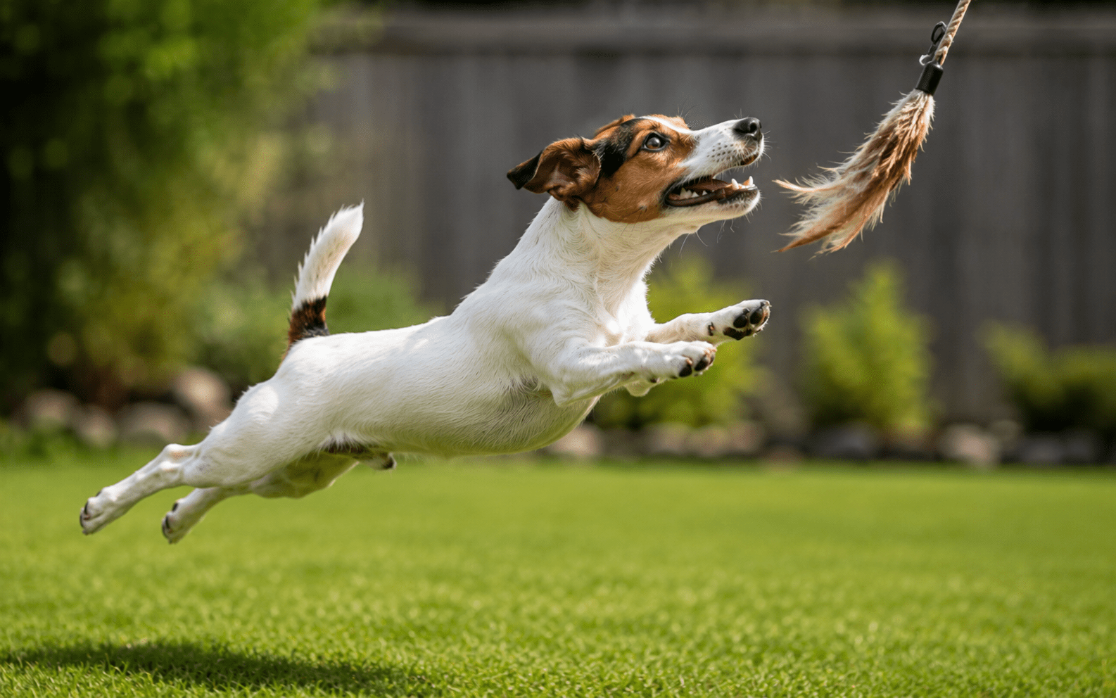 How to Train a Jack Russell Dog: What Actually Works 3 A Jack Russell terrier leaps in mid-air on green grass, aiming to catch a furry toy with its mouth.