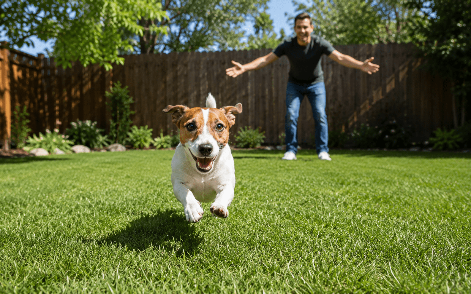 How to Train a Jack Russell Dog: What Actually Works 2 Jack Russell Terrier sprinting across a fenced backyard during recall training with owner waiting