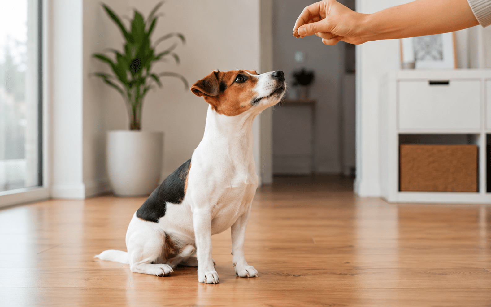 How to Train a Jack Russell Dog: What Actually Works 1 Jack Russell Terrier holding a sit position while owner practices stay command indoors