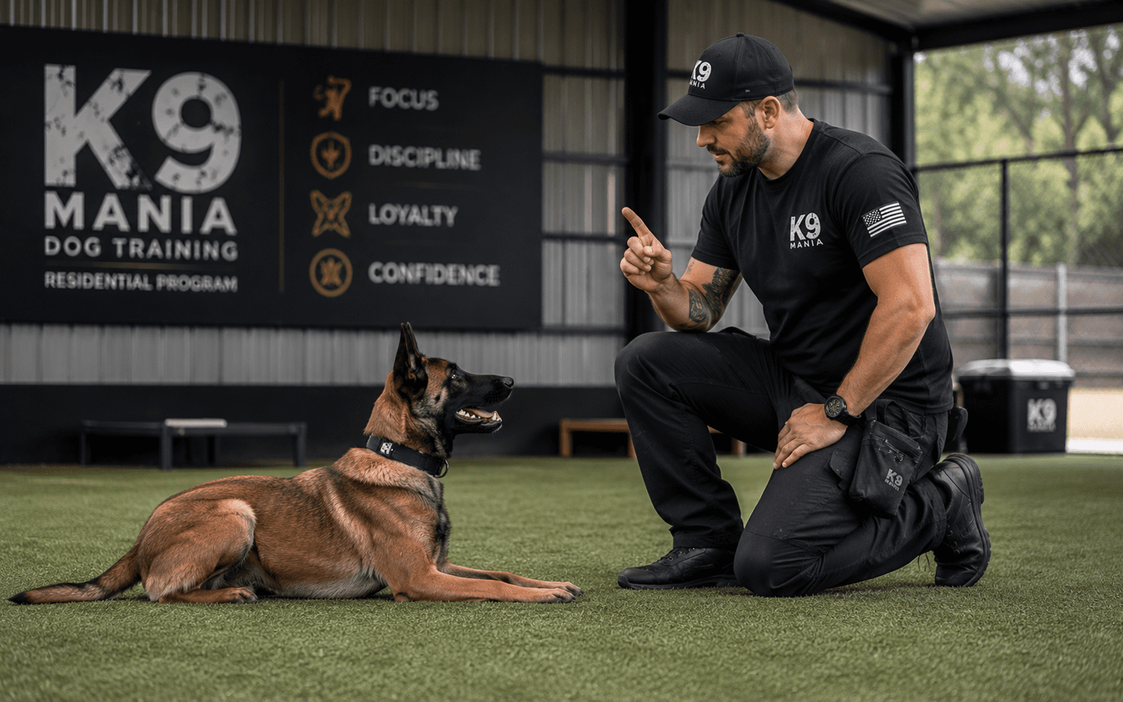 How to Train a Belgian Malinois Dog: Techniques, Timelines, and Real Expectations 4 At a K9 dog training facility, a trainer kneels and signals to a German Shepherd lying down on the ground.