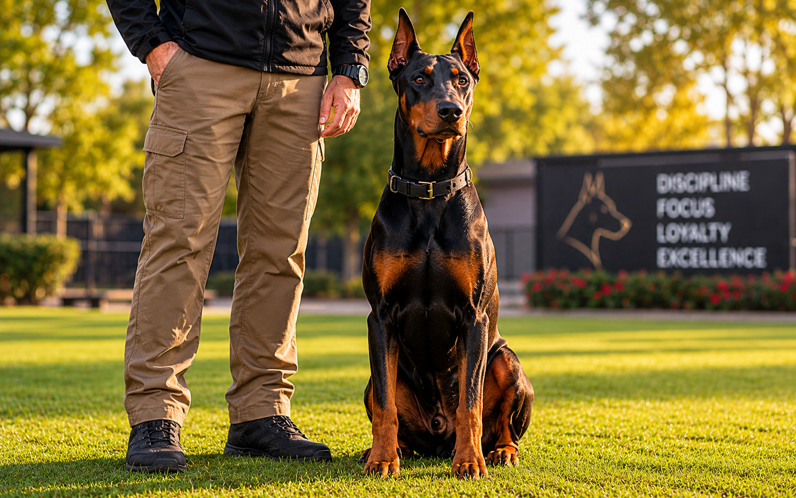 How to Train a Doberman: Proven Steps, Tips, and What Actually Works 5 A Doberman sits on grass next to a person, with a visible training sign in the background.
