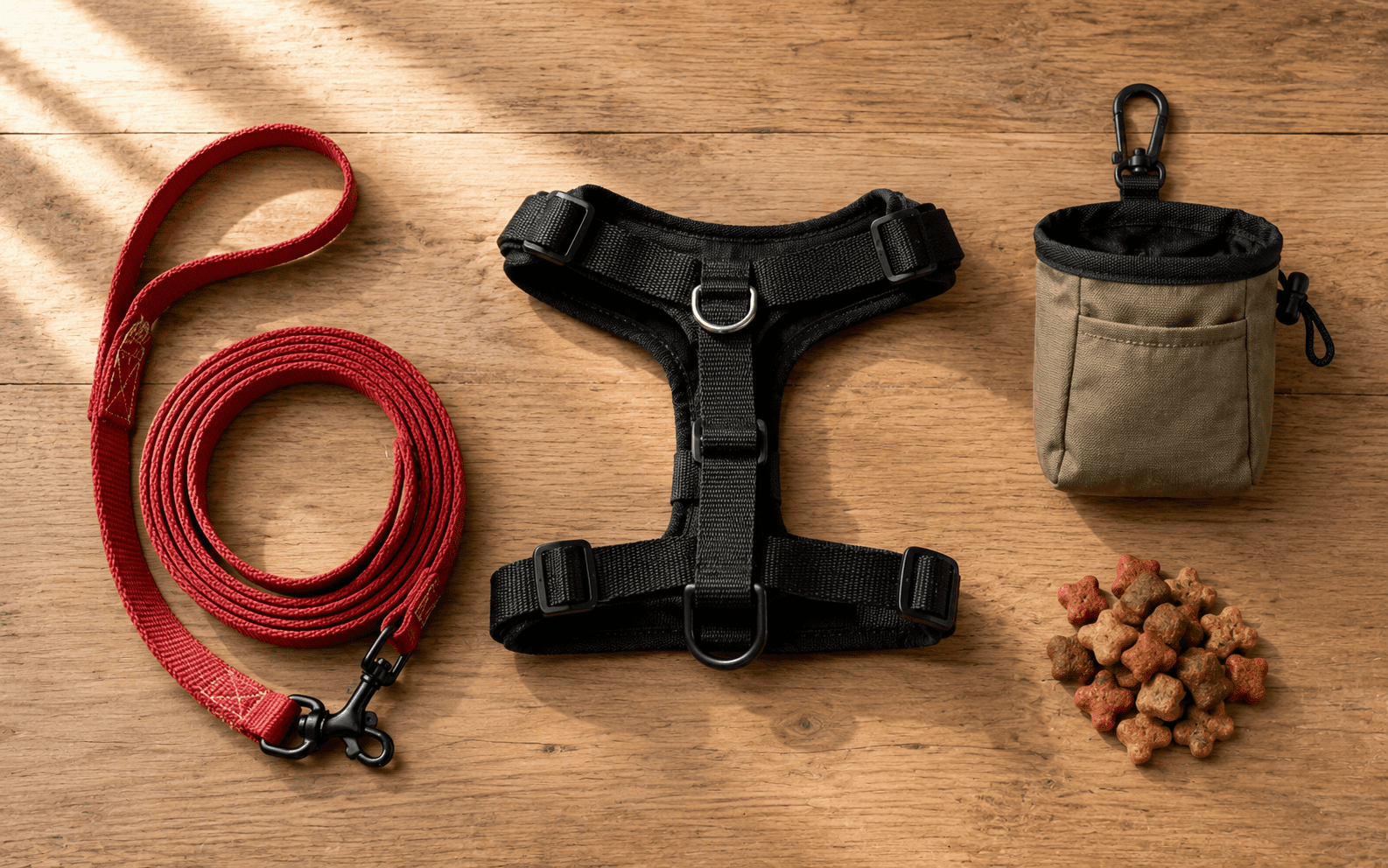 How to Teach Loose Leash Walking: Stop the Pull for Good 2 A red dog leash, a black harness, a beige treat pouch with a clip, and a pile of star-shaped dog treats arranged neatly on a wooden surface.