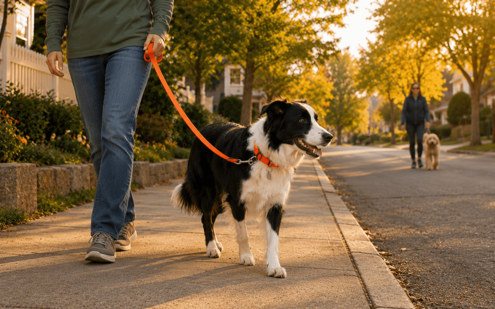 Dog Collar Color Meaning: What Each Color Signals to Strangers 4 A person walks a black and white dog on a leash along a sunny sidewalk, with trees and houses in the background. Another person walks a dog further down the street.