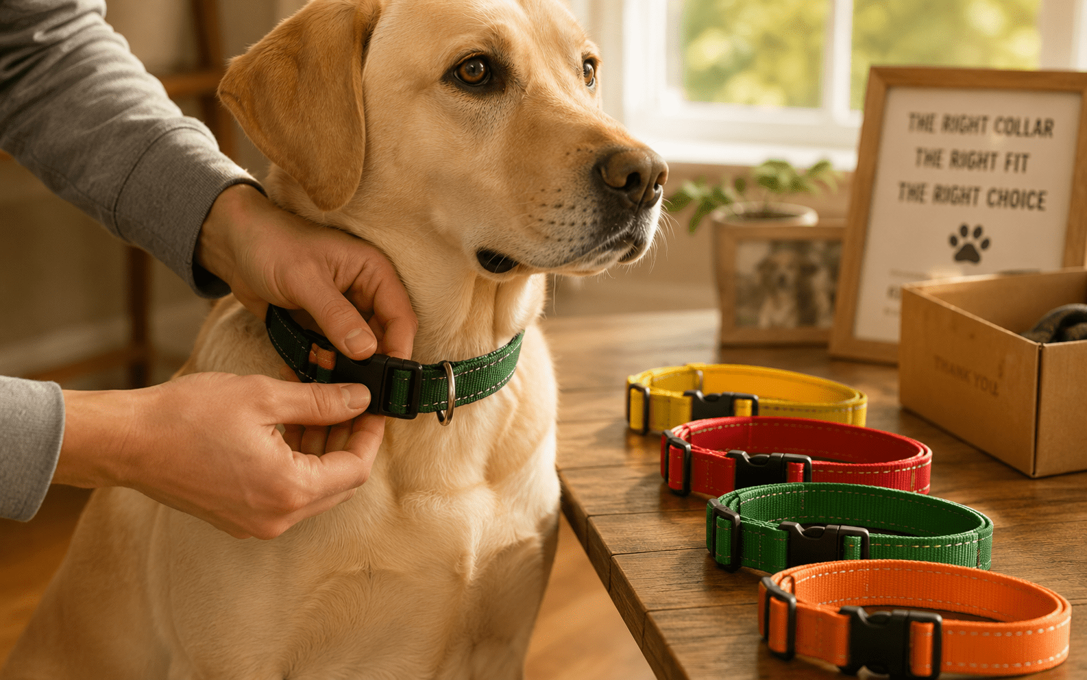 Dog Collar Color Meaning: What Each Color Signals to Strangers 5 A person fastens a green collar on a yellow Labrador Retriever at a table with four colorful collars (red, green, yellow, orange) and a sign about choosing the right collar in the background.