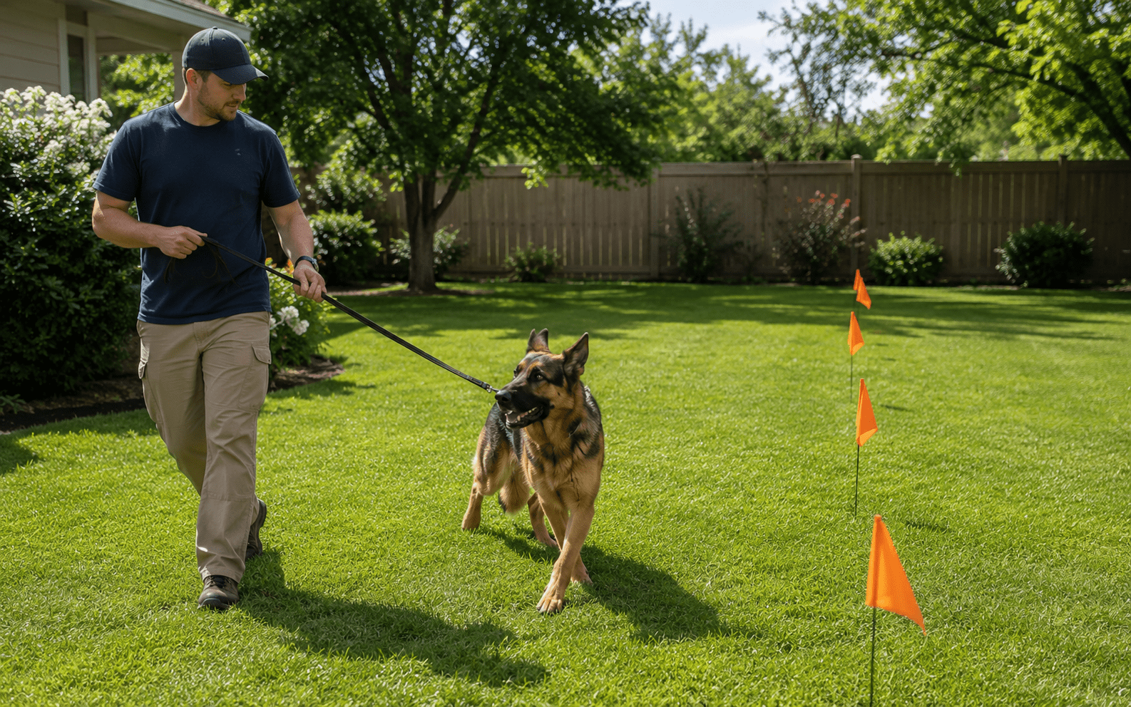 How to Train a Dog on Invisible Fence: Steps That Actually Work 2 A man walks a German Shepherd on a leash across a green lawn with orange marker flags, trees, and a wooden fence in the background on a sunny day.