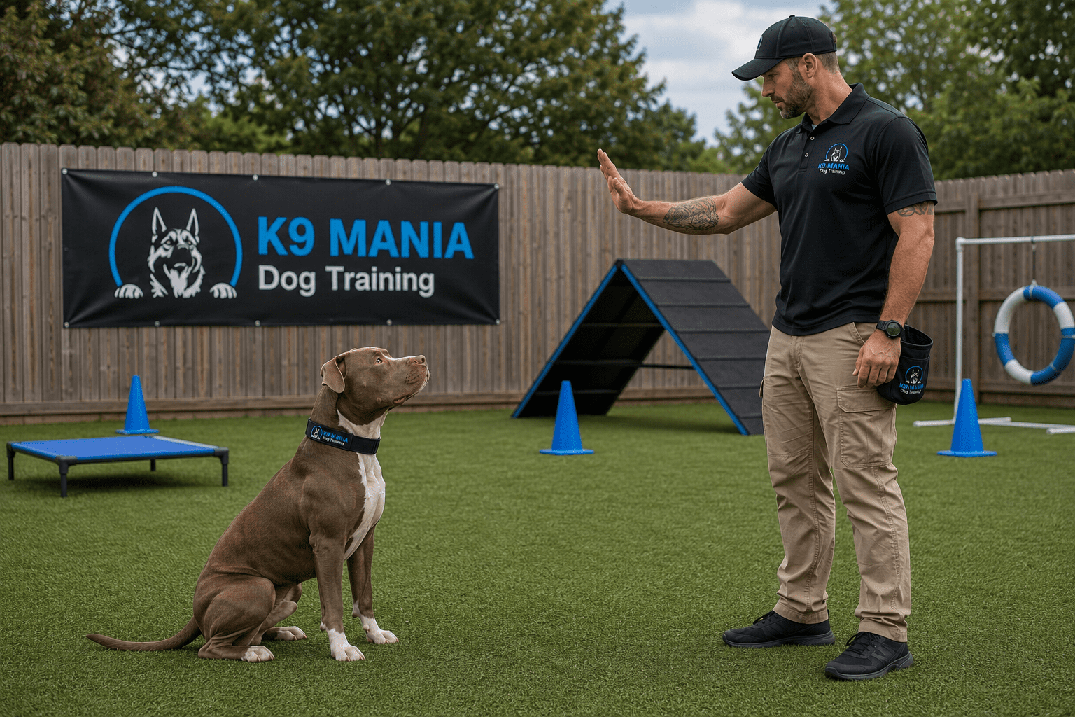 How to Train Pitbull Dog: Methods That Build Trust and Real Results 3 A trainer gives a hand signal to a dog sitting attentively at the outdoor K9 Mania Dog Training area.