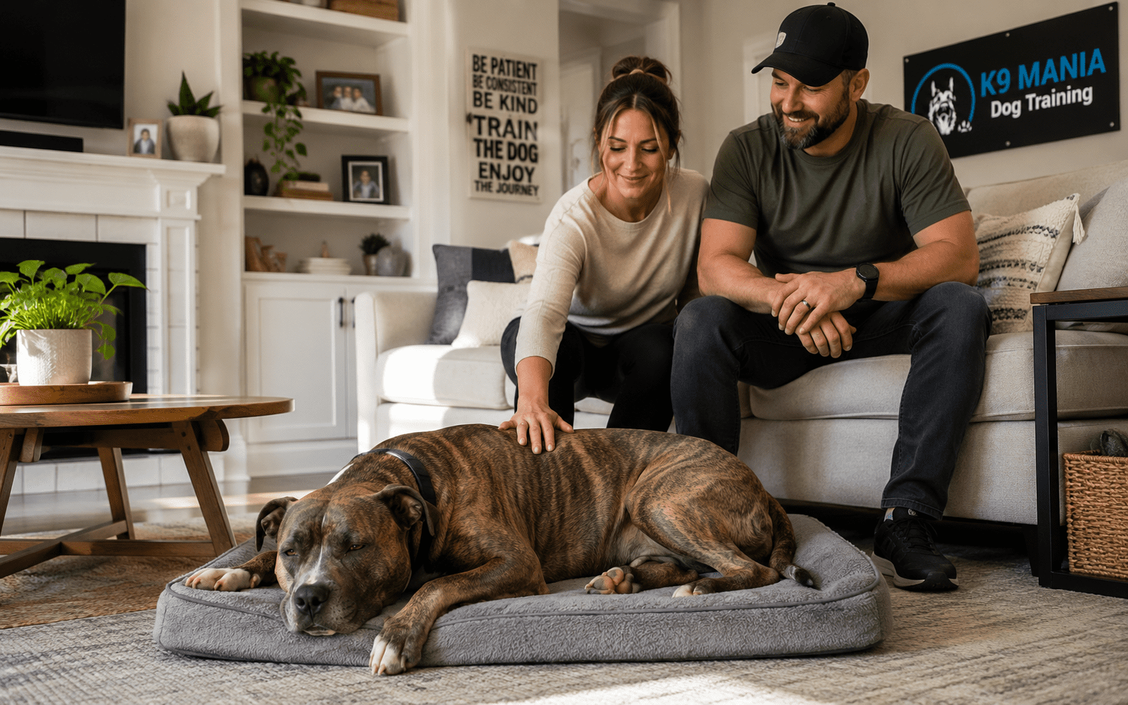 How to Train Pitbull Dog: Methods That Build Trust and Real Results 4 A woman and man smile while petting their large dog on a bed in a cozy, inviting living room setting.