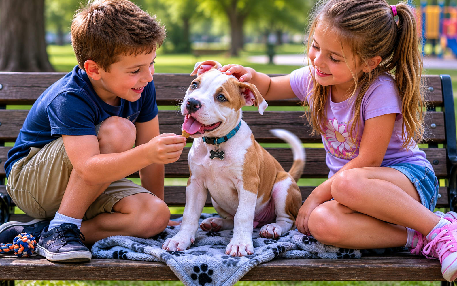 How to Train Pitbull Dog: Methods That Build Trust and Real Results 1 Two smiling children sit on a bench in a sunny park, petting a happy puppy on a paw-print blanket.