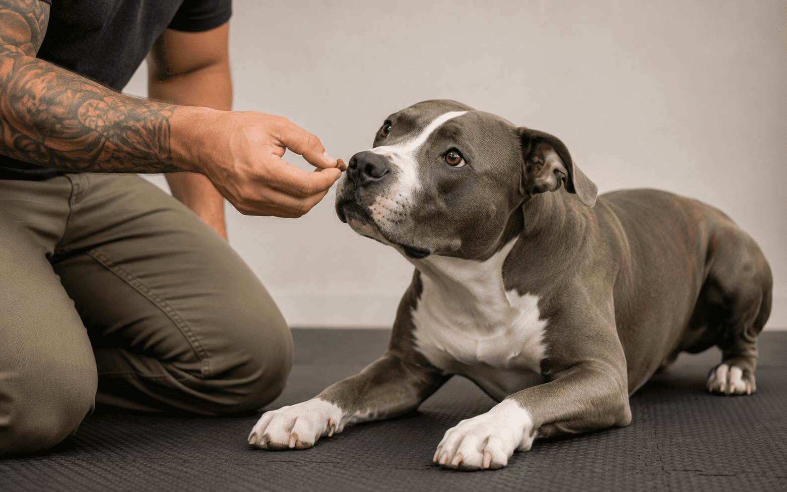 How to Train Pitbull Dog: Methods That Build Trust and Real Results 2 A person gives a treat to a gray and white dog relaxing on a black mat indoors, promoting positive training.