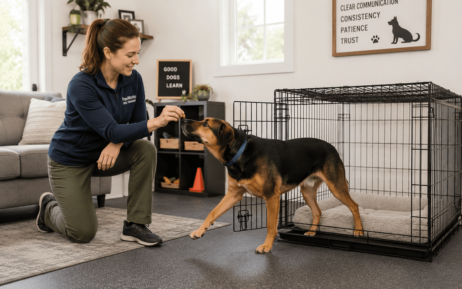 How to Crate Train an Adult Dog: What Actually Works 5 A woman gives a treat to a dog near a crate.
