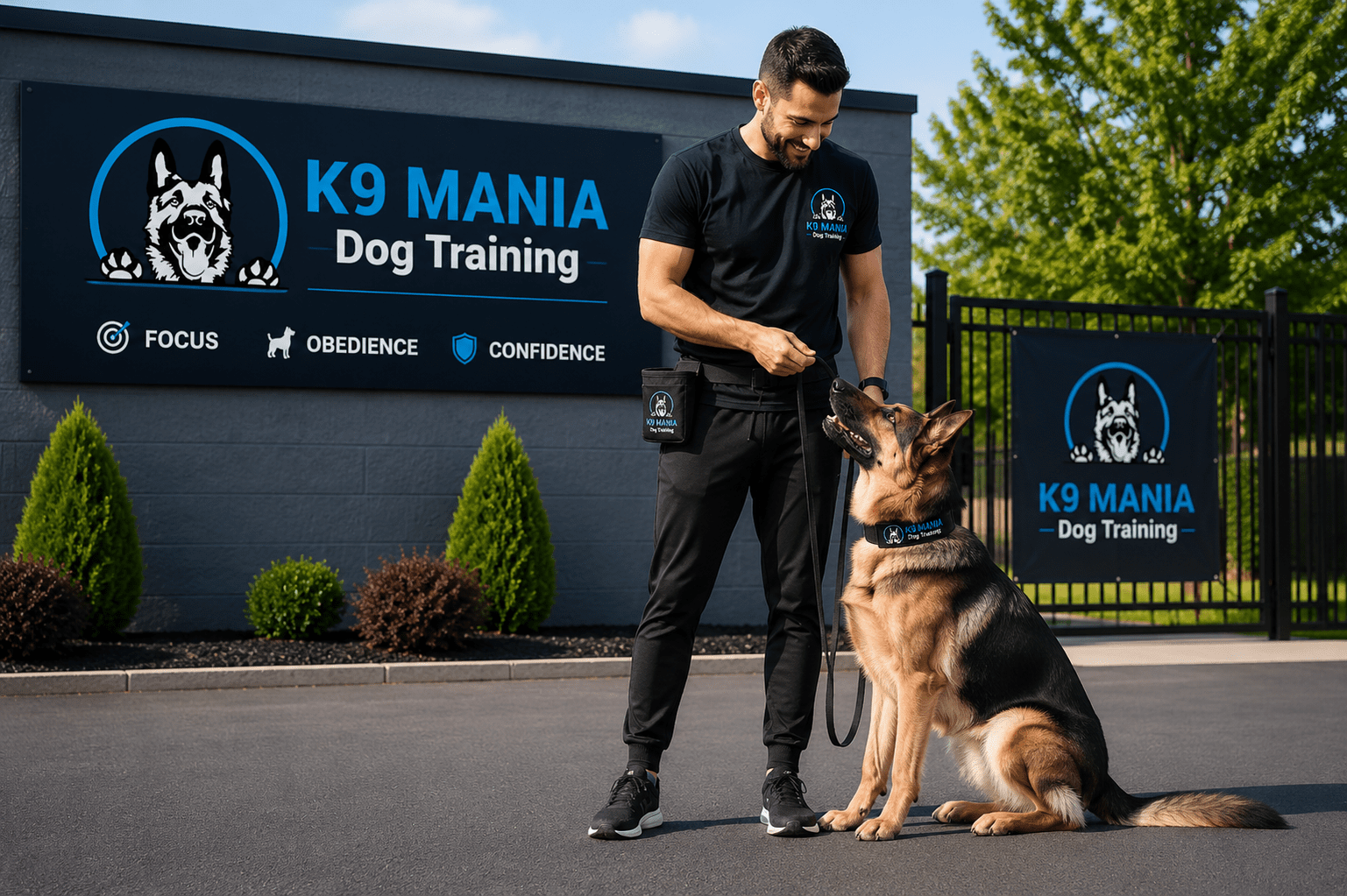 How to Teach Loose Leash Walking: Stop the Pull for Good 5 A dog trainer stands outdoors with a German Shepherd, who is sitting and looking up at him. Behind them is a sign reading "K9 MANIA Dog Training" with icons for focus, obedience, and confidence.