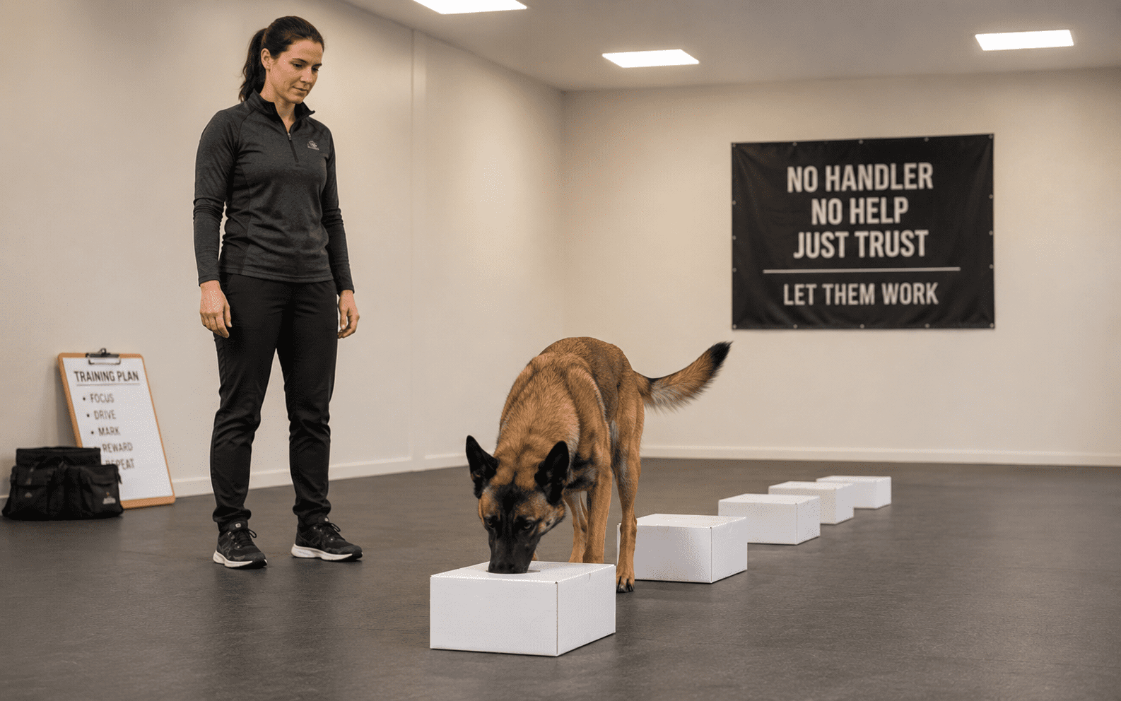 How to Scent Train a Dog: Steps, Scents, and What Actually Works 5 A woman observes a dog sniffing scent detection boxes in a training room with a motivational wall sign.