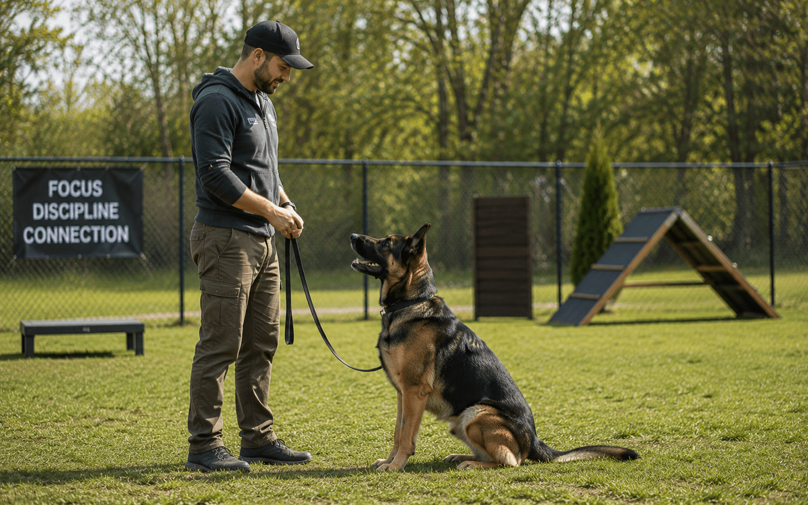 How to Calm a Reactive Dog: What Actually Works 4 A man in casual clothing stands on grass holding a leash, training a German Shepherd sitting attentively. In the background, a sign reads "Focus Discipline Connection" and there is agility equipment.