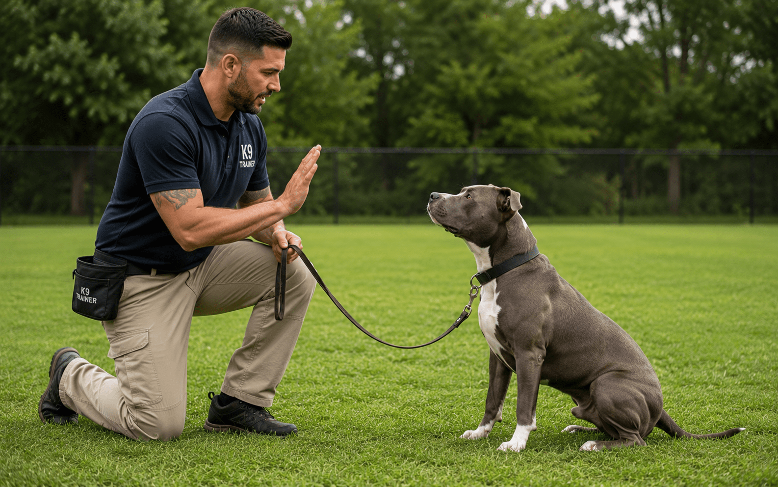 How to Stop Dogs From Fighting Before It Gets Worse 5 A man wearing a "K9 Trainer" shirt kneels on grass, holding a leash and giving a hand signal to a sitting gray and white dog, with trees and a fence in the background.