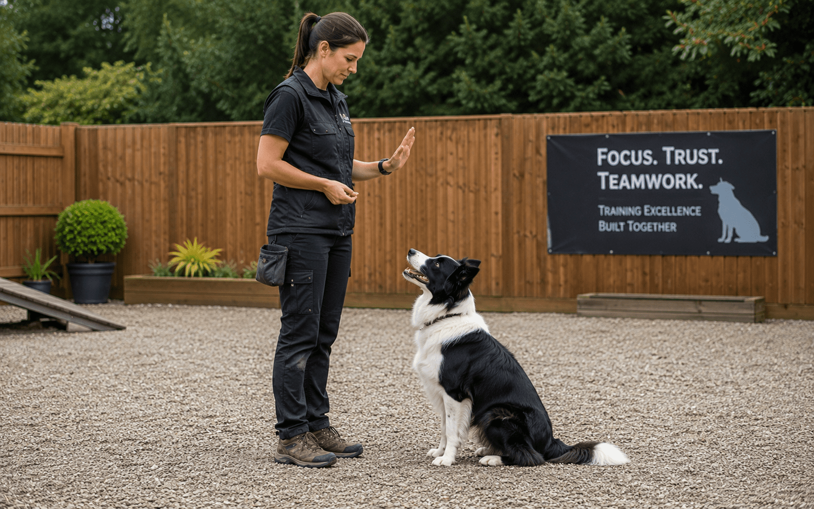 How to Train a Border Collie Dog: Proven Methods That Actually Work 5 A woman uses a hand signal to train her Border Collie to sit in a fenced outdoor area with a sign nearby.