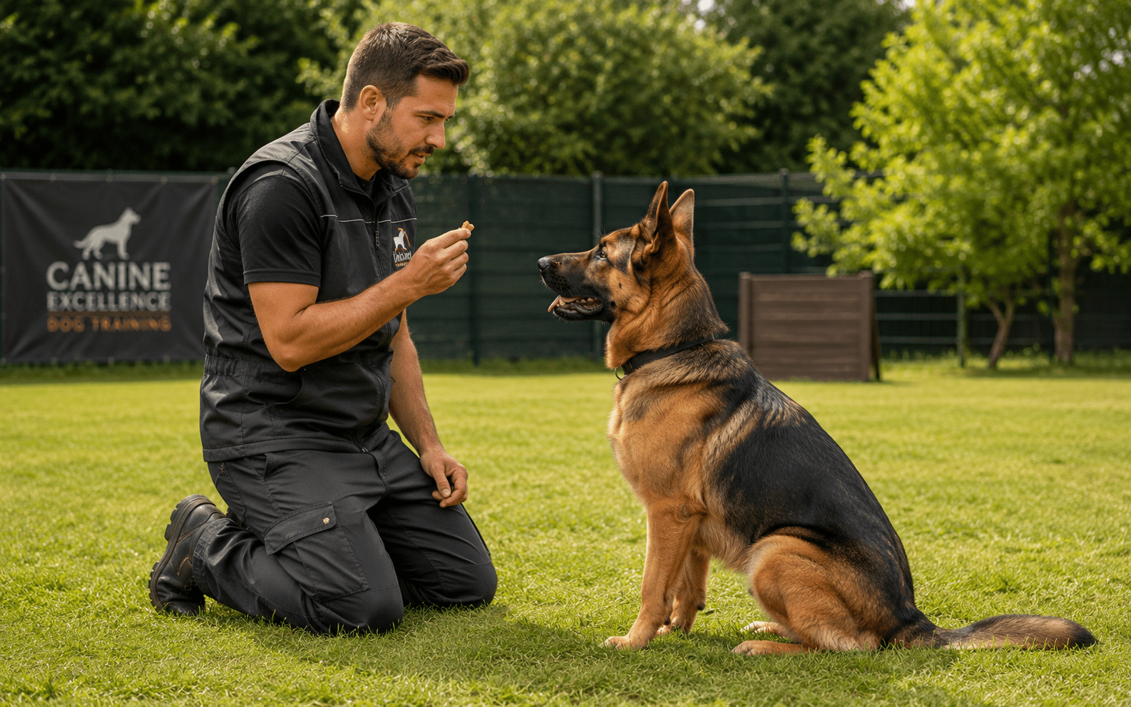 Why Do Dogs Nibble on You? What It Really Means 5 A man kneels on grass holding a treat while training a German Shepherd dog, which is sitting attentively. A "Canine Excellence Dog Training" sign is visible in the background.