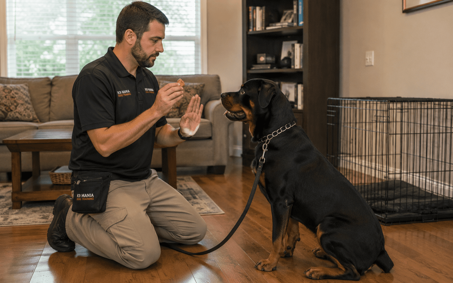 How to Stop a Dog from Marking in the House 5 A man kneels on the floor in a living room, holding a treat and signaling with his hand to a sitting Rottweiler on a leash, likely during a training session. A dog crate and couch are visible in the background.
