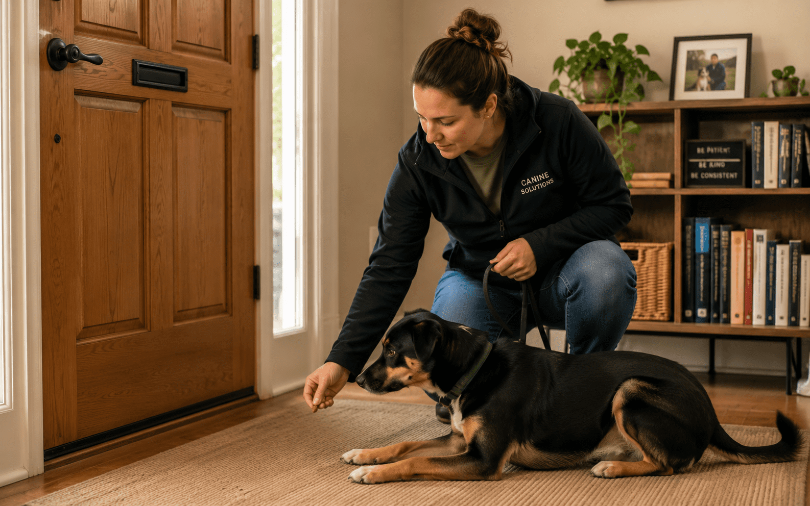 How to Stop Dog from Scratching Door: Fixes That Actually Work 5 A woman kneels by the front door, holding a treat and training a black and brown dog lying on a rug. A bookshelf with books and framed photos is in the background.