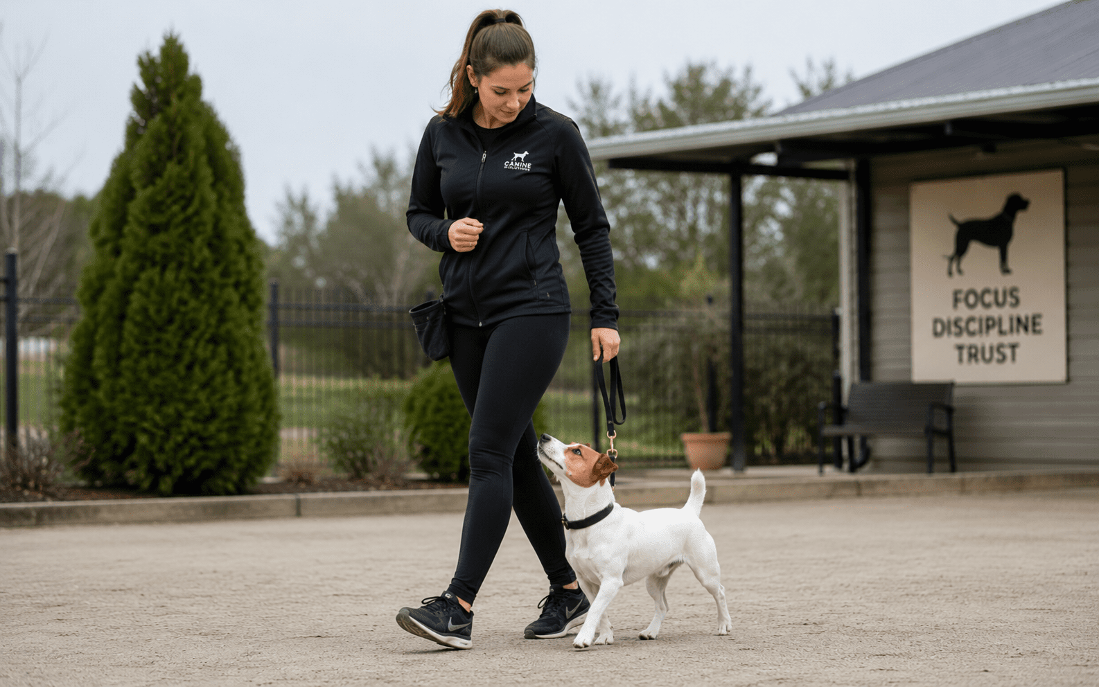 How to Train a Jack Russell Dog: What Actually Works 4 A woman in black athletic wear walks her small dog outside a building with a prominent dog sign visible.