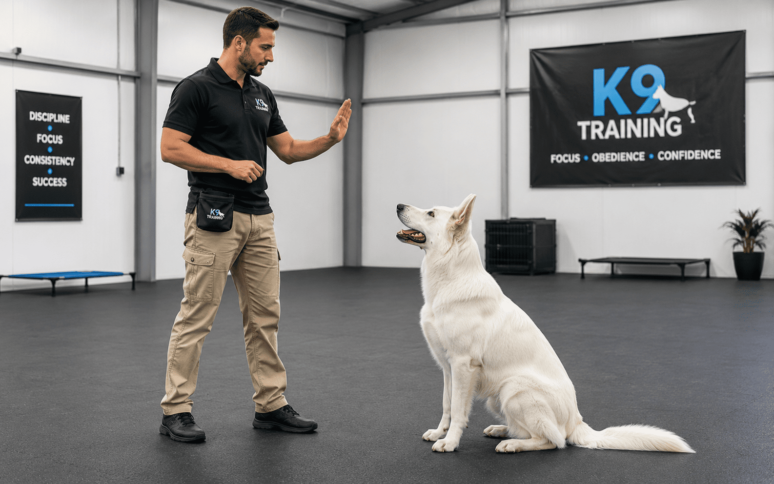 How to Train a Deaf Dog: Hand Signals, Techniques, and What Really Works 5 A man signals to a white dog during K9 training at a dedicated facility for police or service dogs.
